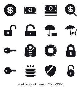 16 vector icon set : dollar, money, dollar arrow, unlock, lounger, key, life vest, lifebuoy, locked, plate washing