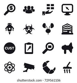 16 vector icon set : dollar magnifier, group, gift, monitor arrow, jet robot, loudspeaker, vacuum cleaner