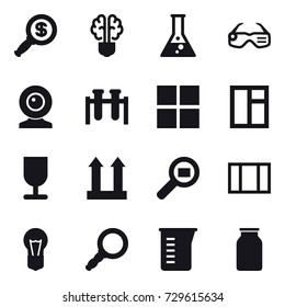 16 vector icon set : dollar magnifier, bulb brain, flask, smart glasses, web cam, window, measuring cup