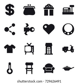 16 vector icon set : dollar, purse, gift, cashbox, molecule, satellite, heart, necklace, t-shirt, tv, building, thermometer, chair, armchair, pan