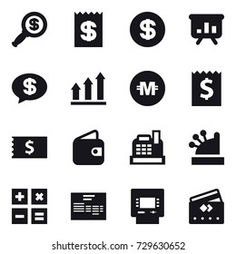 16 vector icon set : dollar magnifier, receipt, dollar, presentation, money message, graph up, crypto currency, wallet, cashbox, calculator, atm, credit card