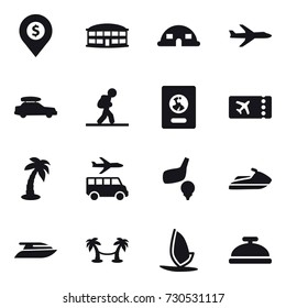 16 vector icon set : dollar pin, airport building, dome house, plane, car baggage, tourist, passport, ticket, palm, transfer, golf, jet ski, yacht, palm hammock, windsurfing, service bell