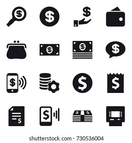 16 vector icon set : dollar magnifier, dollar, investment, wallet, purse, money, money message, phone pay, virtual mining, dollar coin, receipt, account balance, mobile pay, atm