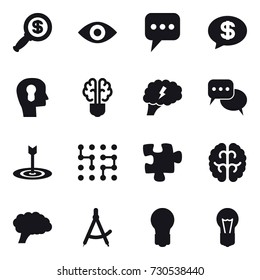 16 vector icon set : dollar magnifier, eye, message, money message, bulb head, bulb brain, brain, discussion, target, chip, puzzle, draw compass, bulb