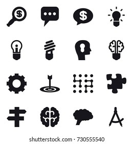 16 vector icon set : dollar magnifier, message, money message, bulb, bulb head, bulb brain, gear, target, chip, puzzle, singlepost, draw compass