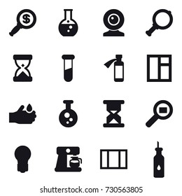 16 vector icon set : dollar magnifier, round flask, web cam, magnifier, window, bulb, coffee maker