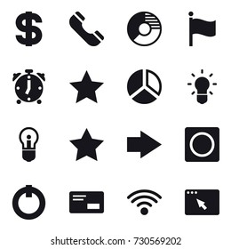 16 vector icon set : dollar, phone, circle diagram, flag, alarm clock, star, diagram, bulb, right arrow, ring button
