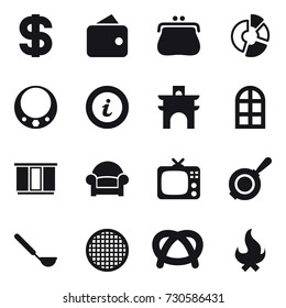 16 vector icon set : dollar, wallet, purse, circle diagram, necklace, info, arch, arch window, wardrobe, armchair, tv, pan, ladle, fire