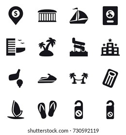 16 vector icon set : dollar pin, airport building, sail boat, passport, hotel, island, aquapark, golf, jet ski, palm hammock, inflatable mattress, windsurfing, flip-flops, do not distrub