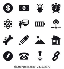 16 vector icon set : dollar, money, bulb, alarm clock, atom, presentation, battery, laser, pencil, landscape, home, electricity, phone