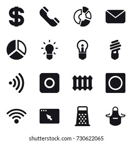 16 vector icon set : dollar, phone, circle diagram, mail, diagram, bulb, wireless, ring button, radiator, apron
