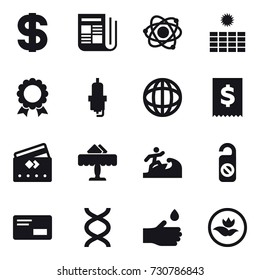 16 vector icon set : dollar, newspaper, atom, sun power, medal, spark plug, credit card, restaurant, surfer, do not distrub, hand drop, ecology