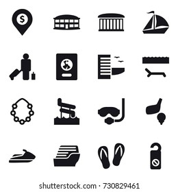 16 vector icon set : dollar pin, airport building, sail boat, passenger, passport, hotel, lounger, hawaiian wreath, aquapark, diving mask, golf, jet ski, cruise ship, flip-flops, do not distrub