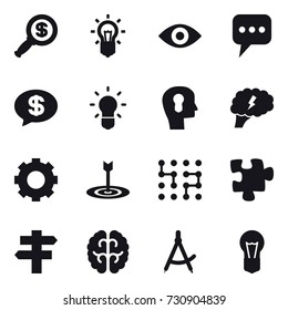 16 vector icon set : dollar magnifier, bulb, eye, message, money message, bulb head, brain, gear, target, chip, puzzle, singlepost, draw compass