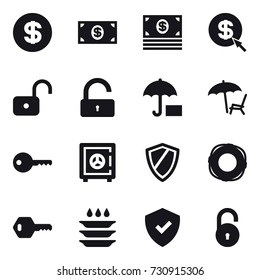 16 vector icon set : dollar, money, dollar arrow, unlock, lounger, key, safe, shield, lifebuoy, plate washing