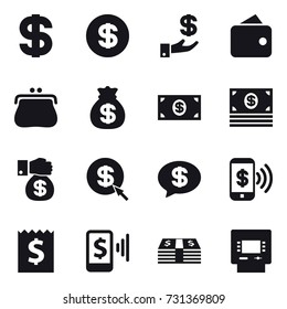 16 vector icon set : dollar, investment, wallet, purse, money bag, money, money gift, dollar arrow, money message, phone pay, receipt, mobile pay, atm