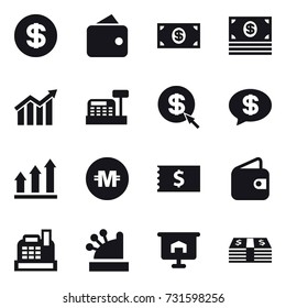 16 vector icon set : dollar, wallet, money, diagram, cashbox, dollar arrow, money message, graph up, crypto currency, receipt, presentation