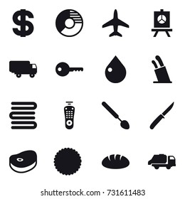 16 vector icon set : dollar, circle diagram, plane, presentation, key, drop, stands for knives, towels, big spoon, knife, bread, trash truck
