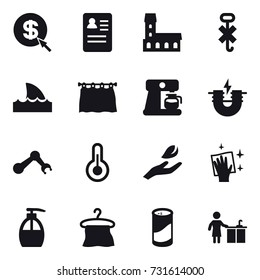 16 vector icon set : dollar arrow, mansion, shark flipper, curtain, coffee maker, hand leaf, wiping, liquid soap, hanger, cleanser powder, kitchen cleaning