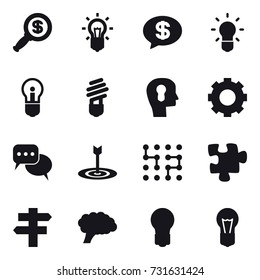 16 vector icon set : dollar magnifier, bulb, money message, bulb head, gear, discussion, target, chip, puzzle, singlepost