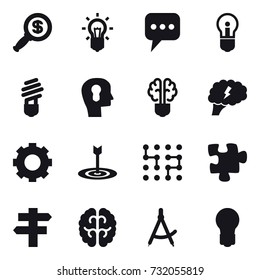 16 vector icon set : dollar magnifier, bulb, message, bulb head, bulb brain, brain, gear, target, chip, puzzle, singlepost, draw compass