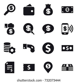 16 vector icon set : dollar magnifier, wallet, money bag, money, money gift, dollar arrow, money message, phone pay, virtual mining, hand coin, dollar coin, account balance, receipt, dollar pin