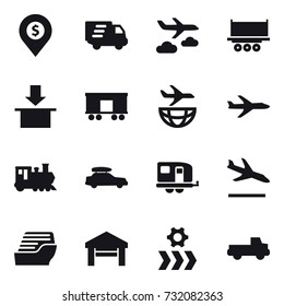16 vector icon set : dollar pin, delivery, journey, plane, train, car baggage, trailer, arrival, cruise ship, garage, pickup