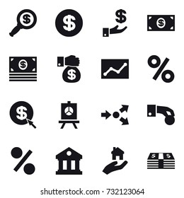 16 vector icon set : dollar magnifier, dollar, investment, money, money gift, statistic, percent, dollar arrow, presentation, core splitting, hand coin, library, real estate