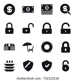 16 vector icon set : dollar, money, dollar arrow, lock, unlock, lounger, lifebuoy, locked, plate washing