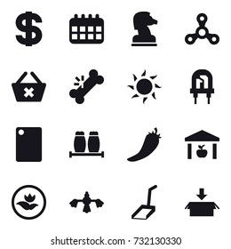 16 vector icon set : dollar, calendar, chess horse, spinner, delete cart, sun, cutting board, hot pepper, warehouse, ecology, hard reach place cleaning, scoop, package