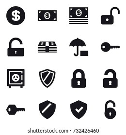 16 vector icon set : dollar, money, unlock, key, safe, shield, locked, unlocked