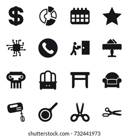 16 vector icon set : dollar, circle diagram, calendar, star, chip, phone, restaurant, antique column, dresser, stool, armchair, mixer, pan, scissors