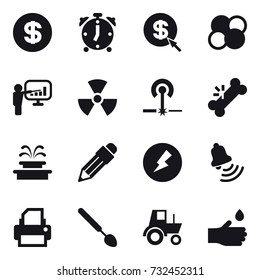 16 vector icon set : dollar, alarm clock, dollar arrow, atom core, presentation, nuclear, laser, fountain, pencil, electricity, bell, big spoon, tractor, hand drop