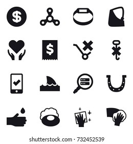 16 Vector Icon Set : Dollar, Spinner, Smart Bracelet, Mobile Checking, Shark Flipper, Horseshoe, Hand Drop, Soap, Wiping