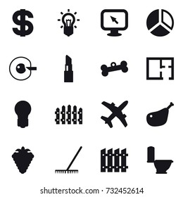 16 vector icon set : dollar, bulb, monitor arrow, diagram, cell corection, lipstick, bone, plan, fence, berry, rake, toilet