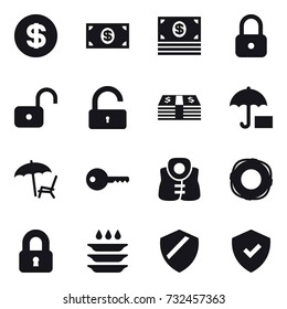 16 vector icon set : dollar, money, lock, unlock, lounger, key, life vest, lifebuoy, locked, plate washing