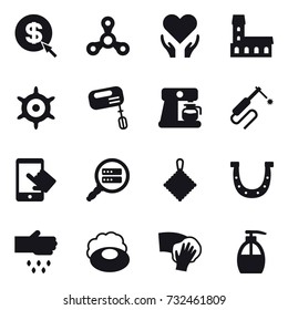 16 vector icon set : dollar arrow, spinner, mansion, handwheel, mixer, coffee maker, rag, horseshoe, sow, soap, wiping, liquid soap