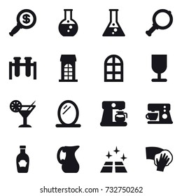 16 vector icon set : dollar magnifier, round flask, flask, magnifier, building, arch window, cocktail, mirror, coffee maker, jug, clean floor, wiping