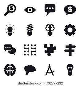 16 vector icon set : dollar magnifier, eye, message, money message, bulb, bulb brain, gear, discussion, chip, puzzle, singlepost, draw compass