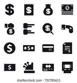 16 vector icon set : dollar, receipt, money bag, money, money gift, diagram, dollar arrow, hand coin, dollar coin, credit card, account balance, cashbox, atm