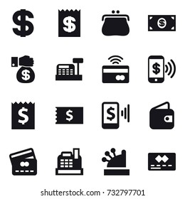 16 vector icon set : dollar, receipt, purse, money, money gift, cashbox, tap to pay, phone pay, mobile pay, wallet, credit card