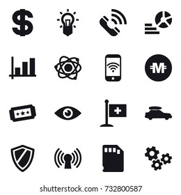 16 vector icon set : dollar, bulb, call, diagram, graph, atom, phone wireless, crypto currency, ticket, car baggage, shield, gears