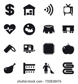 16 vector icon set : dollar, warehouse, wireless, tv, stadium, trailer, watering, brooming, stack of towels