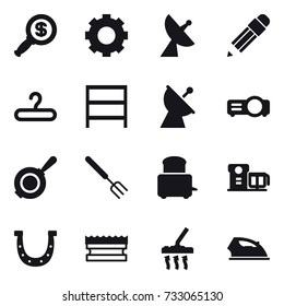 16 vector icon set : dollar magnifier, gear, satellite antenna, pencil, hanger, rack, pan, big fork, horseshoe, sponge, vacuum cleaner, iron