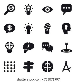 16 vector icon set : dollar magnifier, bulb, eye, message, money message, bulb head, bulb brain, brain, discussion, target, chip, singlepost, draw compass