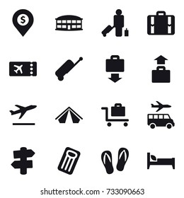 16 vector icon set : dollar pin, airport building, passenger, suitcase, ticket, baggage get, baggage, departure, tent, baggage trolley, transfer, signpost, inflatable mattress, flip-flops, bed