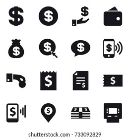16 vector icon set : dollar, investment, wallet, money bag, dollar arrow, money message, phone pay, hand coin, receipt, account balance, mobile pay, dollar pin, atm