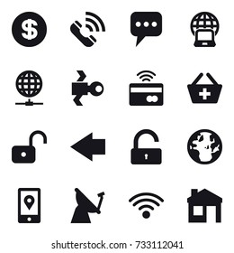 16 vector icon set : dollar, call, message, notebook globe, globe connect, satellite, tap to pay, add to basket, unlock, left arrow, house