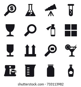 16 vector icon set : dollar magnifier, flask, telescope, vial, wineglass, window, cocktail, coffee maker, measuring cup