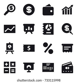 16 vector icon set : dollar magnifier, dollar, wallet, diagram, statistic, presentation, annual report, dollar arrow, receipt, percent, atm receipt, calculator, credit card